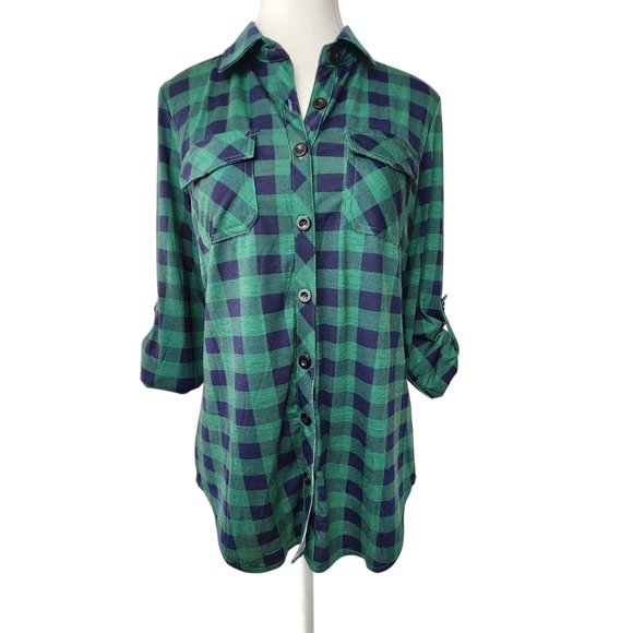 Womens DJT Soft Stretchy Green and Blue Plaid Button-Up Shirt Roll Up Sleeve M - Picture 5 of 8